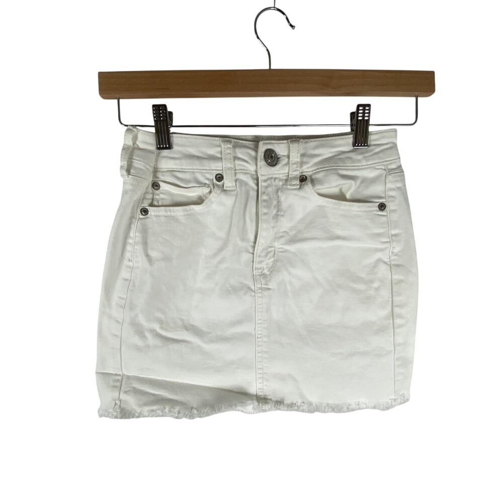 American Eagle Outfitters Skirt Womens 0 White Denim Mini Raw Hem Super Stretch